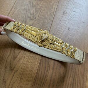 Judith Lieber Vintage 80s Lionshead Adjustable Snakeskin Belt - Cream & Gold